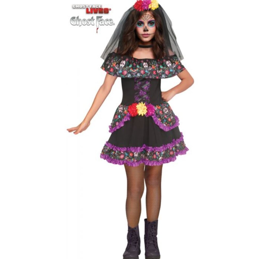 Day of Dead Halloween Costume 14/16 Ghost Face Lives Sugar Skull Calaveras Girls